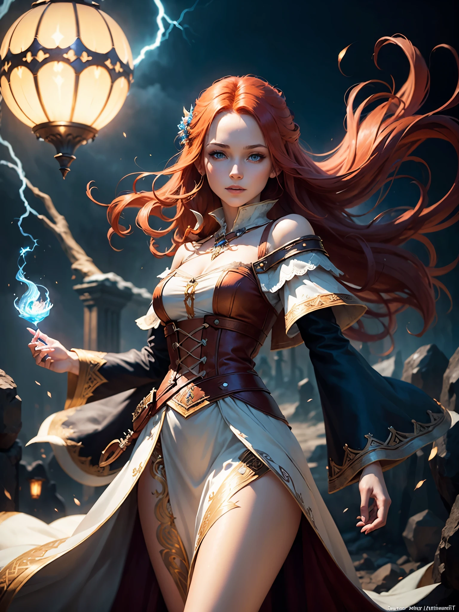 (masterpiece:1.4), portrait, a close up of a bard woman, (redhead, shoulder length hair, white a strand of hair, northen europe character, bard clothes, colorful clothes, dark fantasy character, blue eyes, upbeat and energetic, as well as sarcastic and good humored, floating in the dark labirinth), Artstation contest winner, fantasy art,concept art, lightning fantasy magic, epic exquisite character art, dark fantasy, female magician