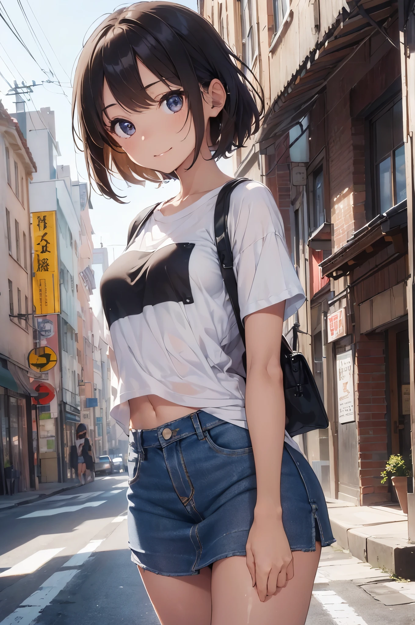 (masterpiece,detailed nose,Detailed mouth,detailed eyes,beautiful eyes),(1woman,solo),cowboy shot,18 year old beauty、brown hair,short bob hair,brown eyes,Detailed beautiful eyes,shy look、smile,((smaller head:1.3、ideal ratio body proportions,skinny,medium breasts)),(((white t-shirt、Denim fabric miniskirt,gleaming skin,shiny skin)))、bustling street、sunny,