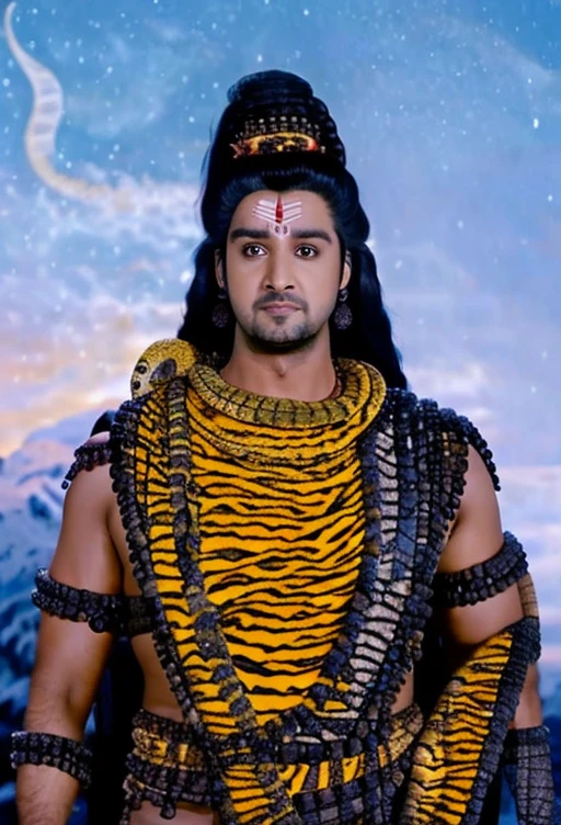 SRJ AS SHIVA, ANGRY FACE, WEARING TIGER SKIN CLOTH, (((SNAKE ON SHOULDER))), BLUE COLOURED NECK, GLOCKED HAIR, CRESCENT MOON ON HEAD, HANDSOME, CHARISMATIC FACE, FULL BODY, SNOW BEHIND,  srj, RAW photo, 8k uhd, dslr, soft lighting, high quality, film grain, Fujifilm XT3,