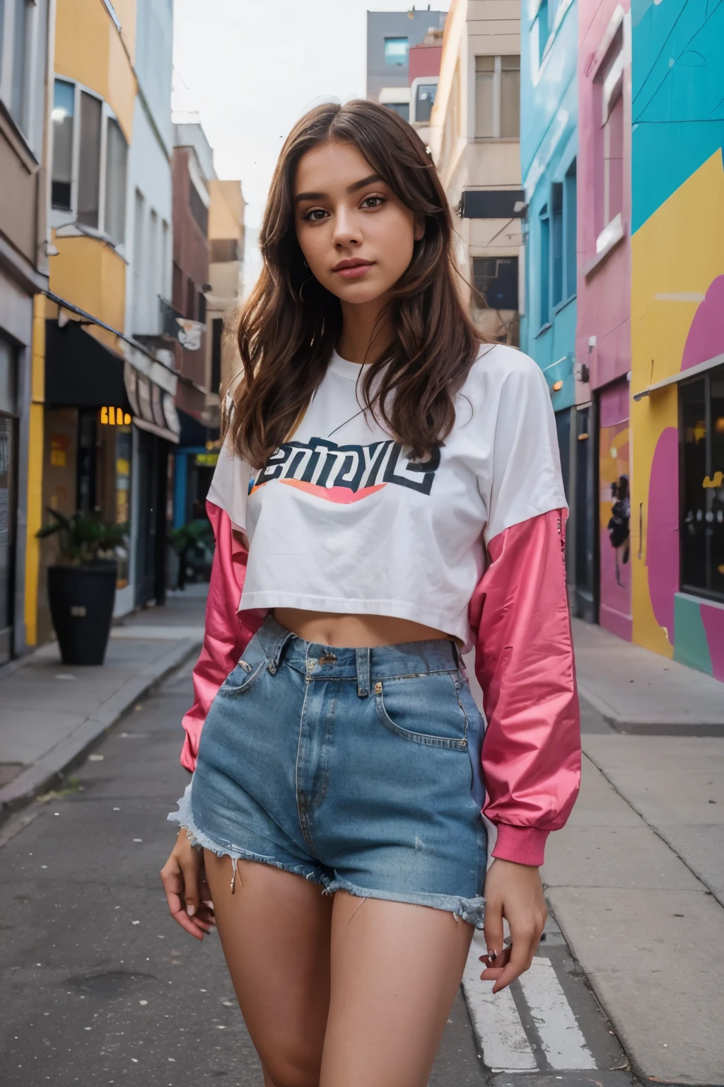 A 24-year-old influencer girl poses confidently in front of a vibrant mural in a trendy urban district. She wears a stylish outfit that showcases her unique sense of fashion. Her expression is radiant and engaging, capturing the attention of passersby. The lighting is natural and flattering, highlighting her features and the colorful backdrop. The style is a high-resolution photo with a slightly cool, urban aesthetic. Camera: Canon EOS 5D Mark IV. Lens: Canon EF 50mm f/1.2L USM.