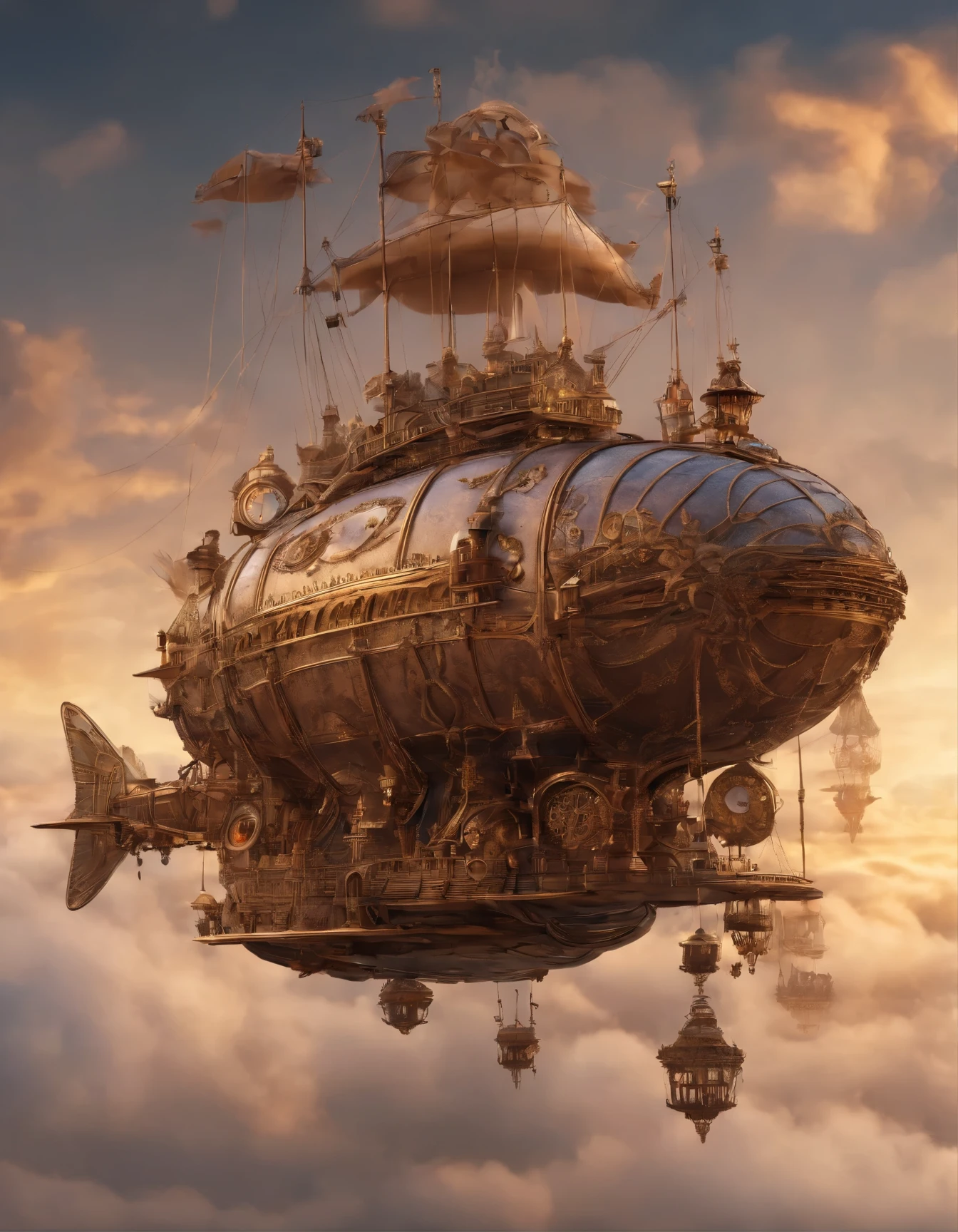 Create an intricate and fantastical steampunk airship, brimming with gears, steam, and adventure, masterpiece, 8k