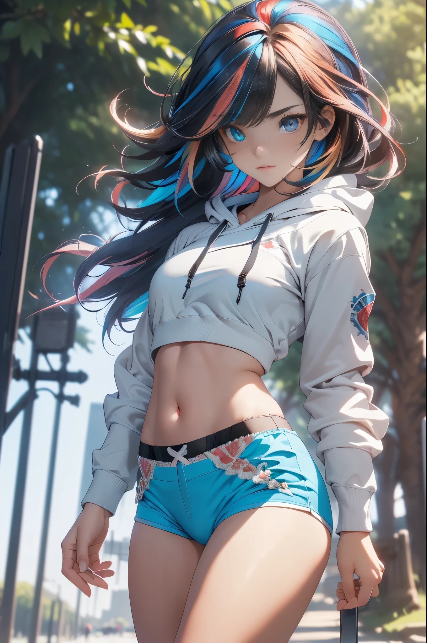 masterpiece,best quality,ultra-detailed,intricate,detailed face,detailed eyes,beautiful eyes,1girl,cowboy shot,(micro shorts, highleg panties, open fly:1.4),(hoodie, open hoodie:1.2),sports bra,fishnet legwear,arms up,armpits,holding hair,long hair,(flowing hair, multicolored hair:1.3),iridescent hair,(heterochromia, blue eyes, red eyes:1.5),outside,park,sky,sun,trees,jewelery,dynamic pose,dynamic angle,from above,(bloom, depth of field:1.2),style-swirlmagic,