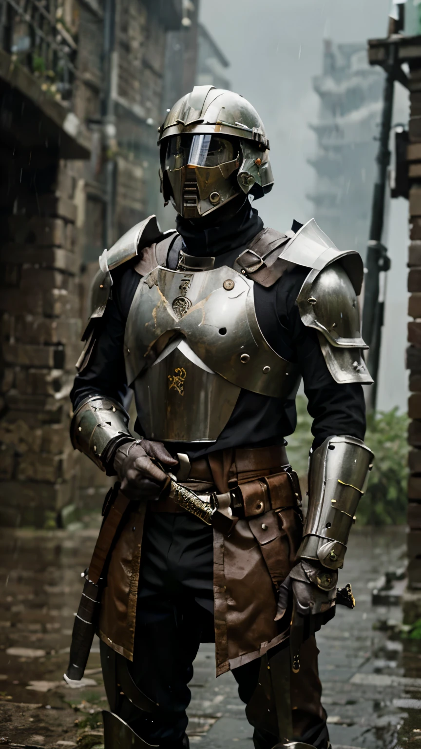 Epic futuristic soldier, holding two swords, ornate armour, standing on battlefield, heavy rain, masked, wears a Spartan helmet, bloody