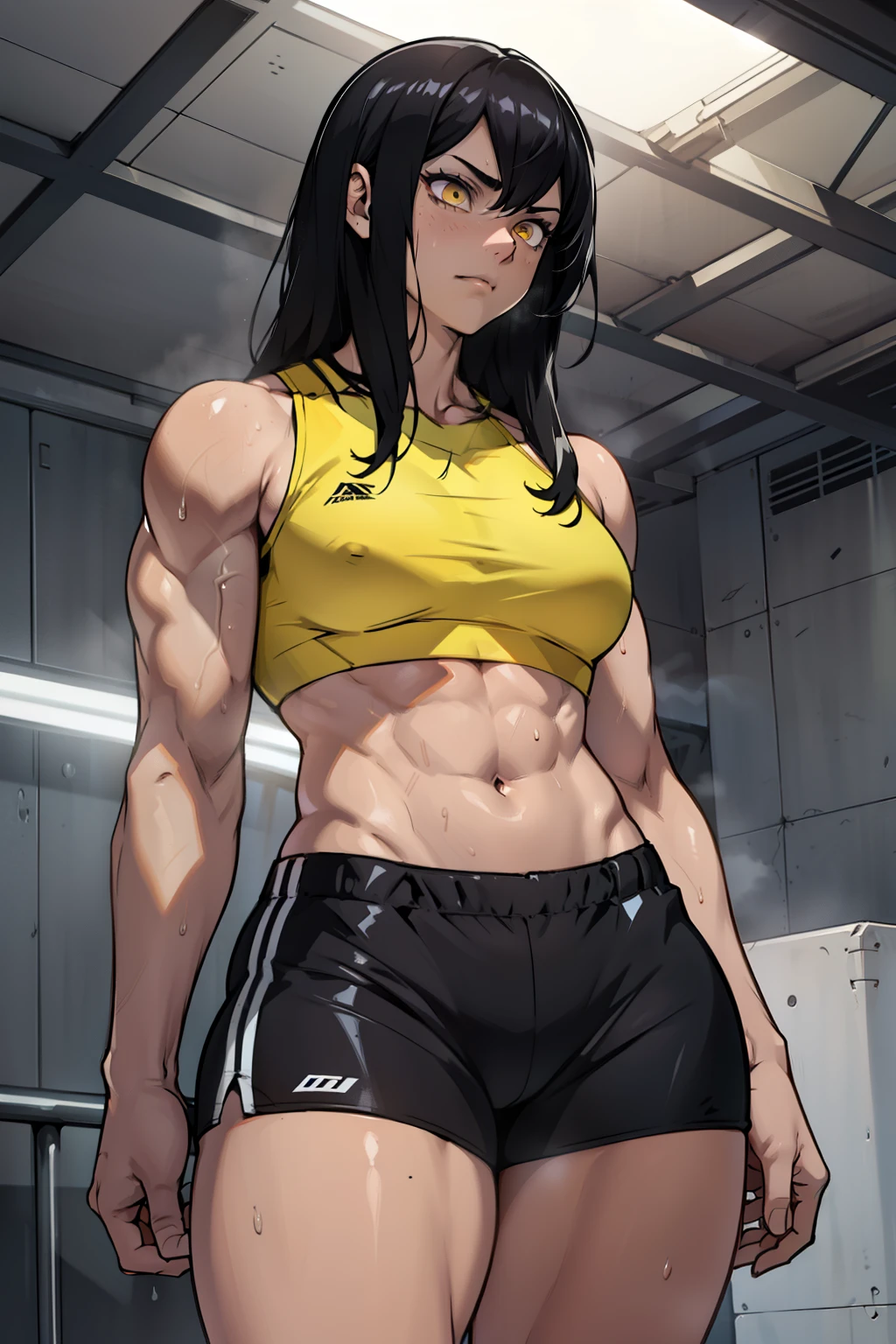 black hair, yellow eyes, solo, sweaty, shiny skin, pale skin, (((muscular, 1girl))), curvy, thin waist, very long hair, short shorts, navel, sports bra, sad expressionless cinematic lighting thick