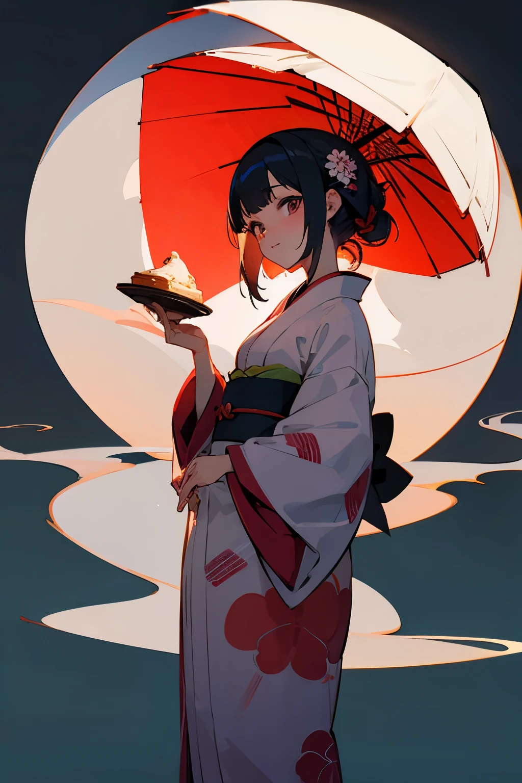 anime japanese girl in kimono holding a pie