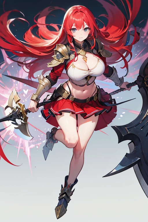 Masterpiece, Top Quality, Very Beautiful Girl, Beautiful Face and Eyes, Beautiful Hair, Solo, 1 Woman, Full Body Drawing, Dynamic Angle, (Armor: 1), Red Hair, Long Hair, Navel Out, Skirt, Battle Axe, Perfect Bust, Taut Breasts, Amazing Bust, Huge Breasts, Tall
