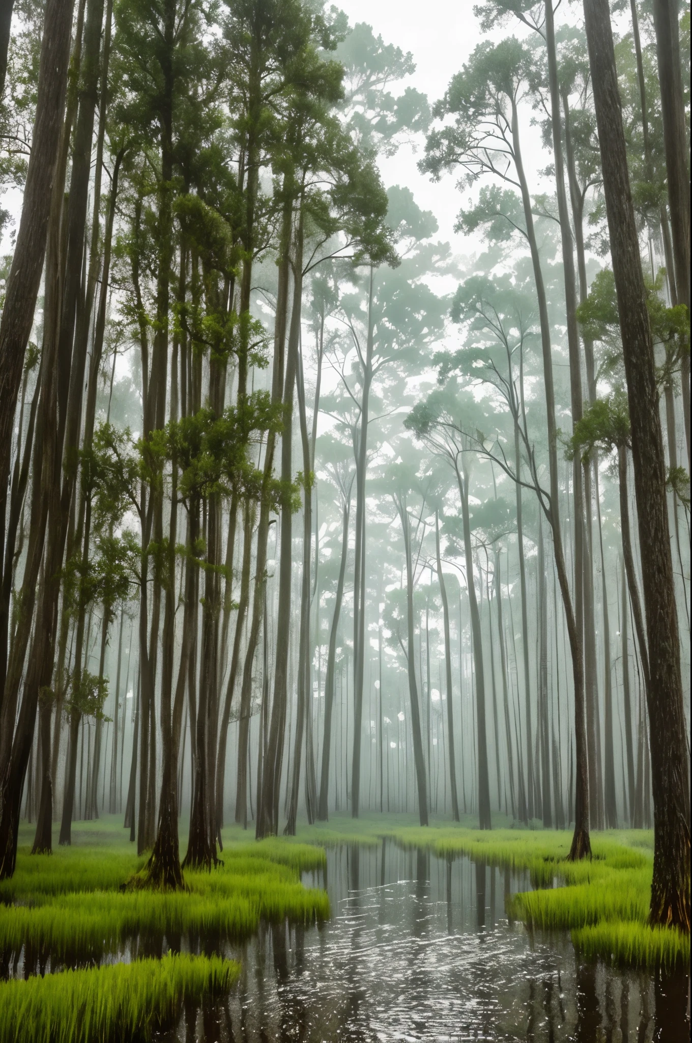 a cypress swamp in the rain.