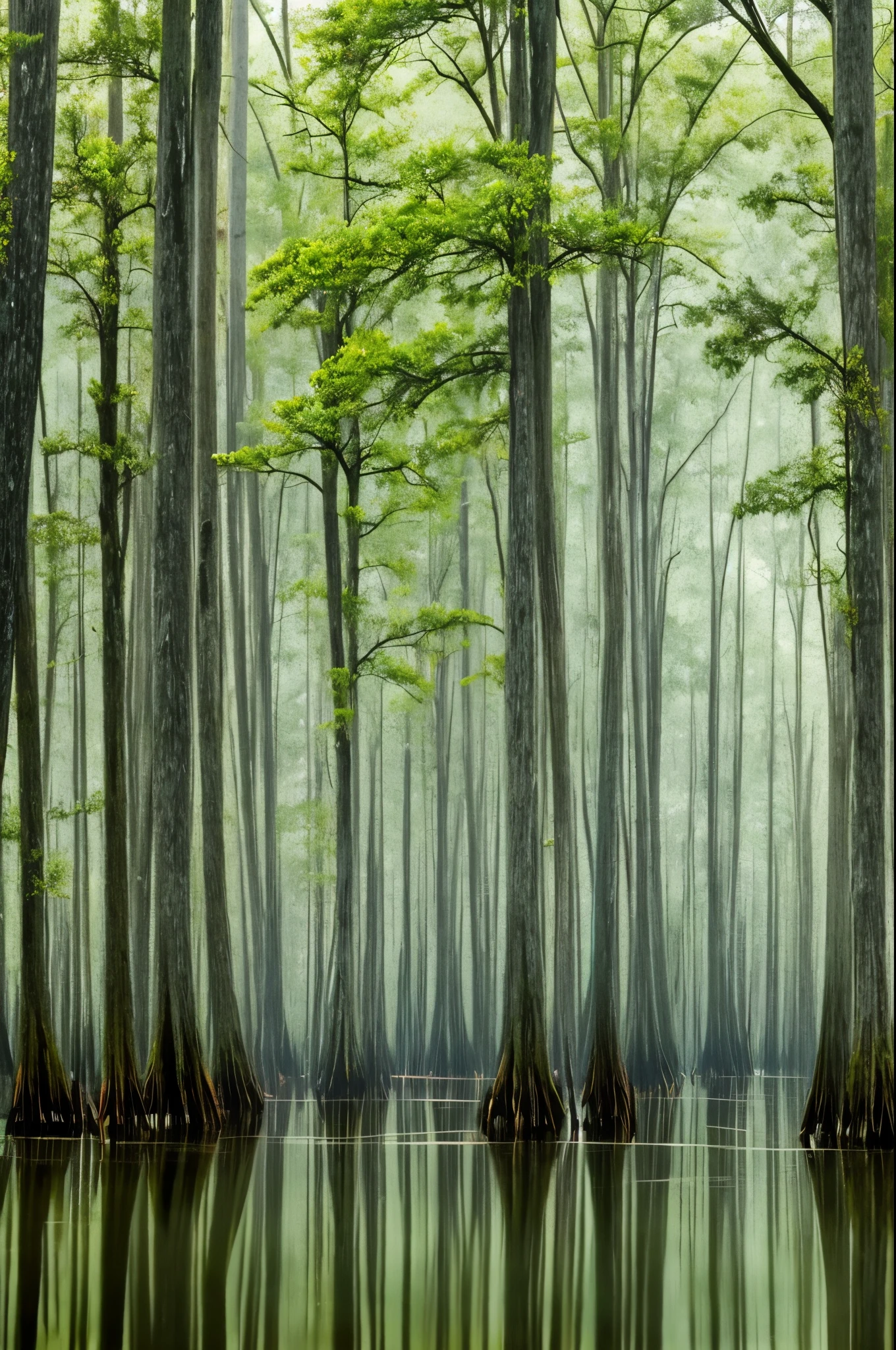 a cypress swamp in the rain.
