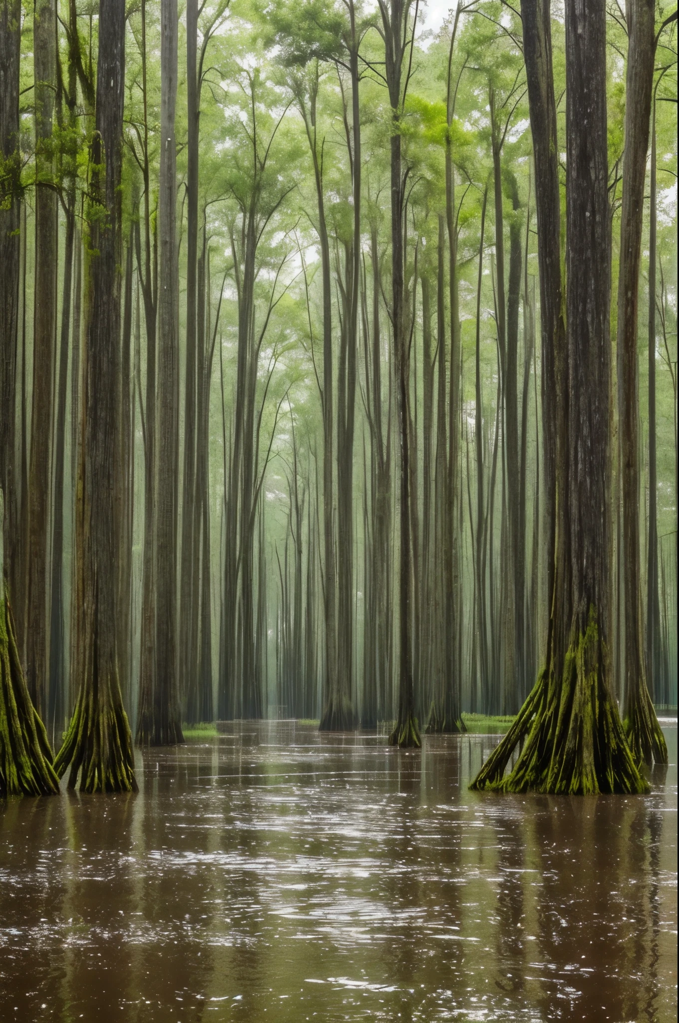 a cypress swamp in the rain.