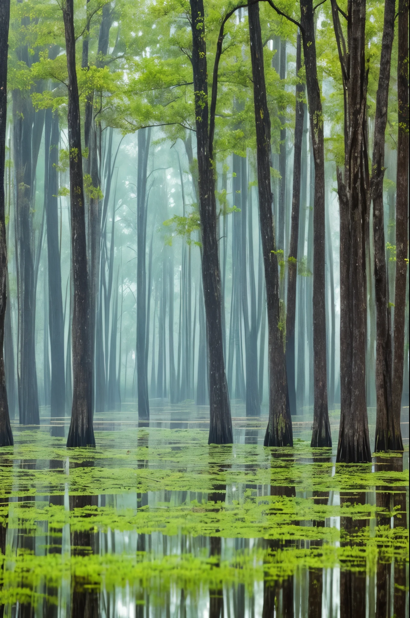 a cypress swamp in the rain.