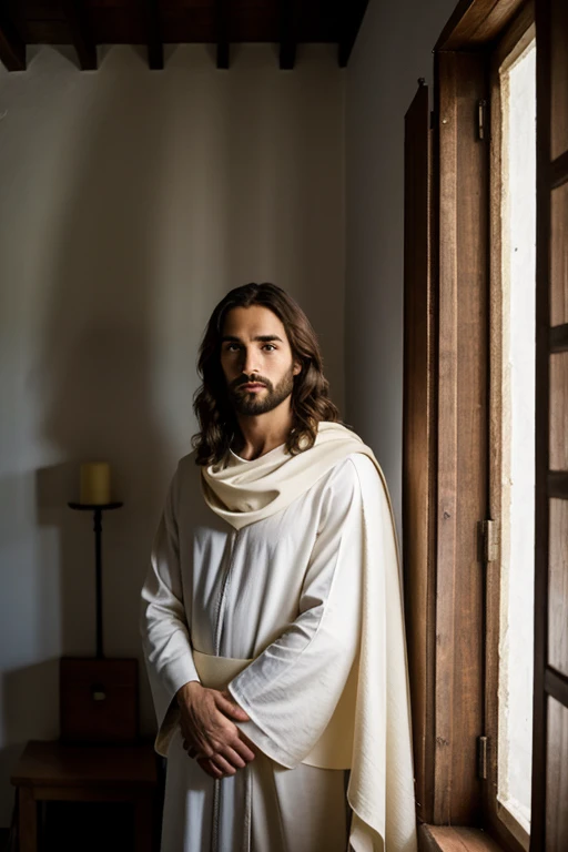 Jesus Cristo, 8k, imagem masculina, paz interior, luz baixa, cinematografico, alta qualidade, sentado, apontando para frente, head covered, de lado, room with crowd 