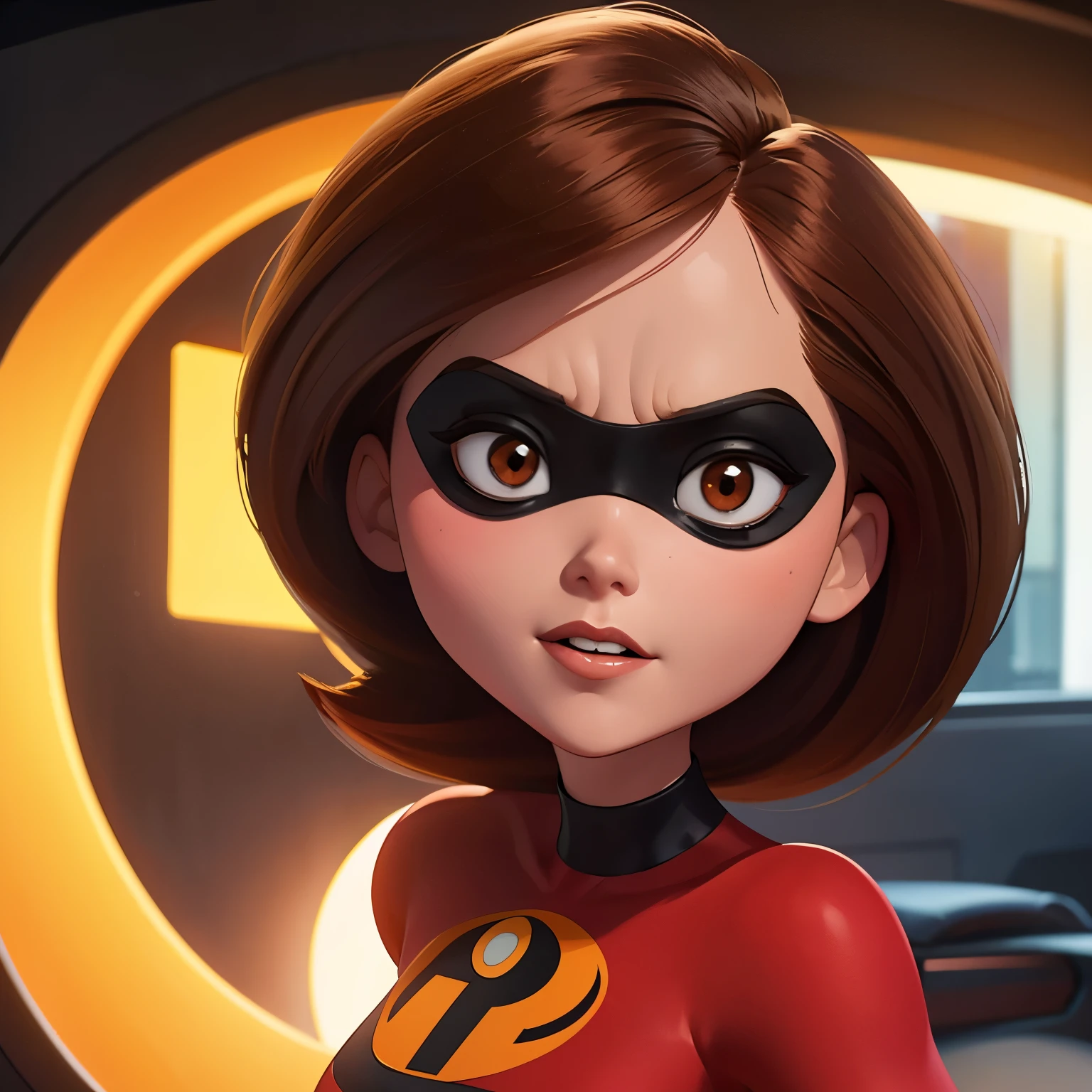 Helen Parr de "The Incredibles", 18 year old woman, Usando un vestido, Cabello corto y color rojo, Brown eyes, Ojos derechos, Sonriendo, muy feliz, Labios llamativos, pintalabios rojo, Mostrar solo el rostro, Foto tipo selfie, Fondo de una fiesta de gala como Los Oscar, Bold colors and solid tone, Alta calidad.