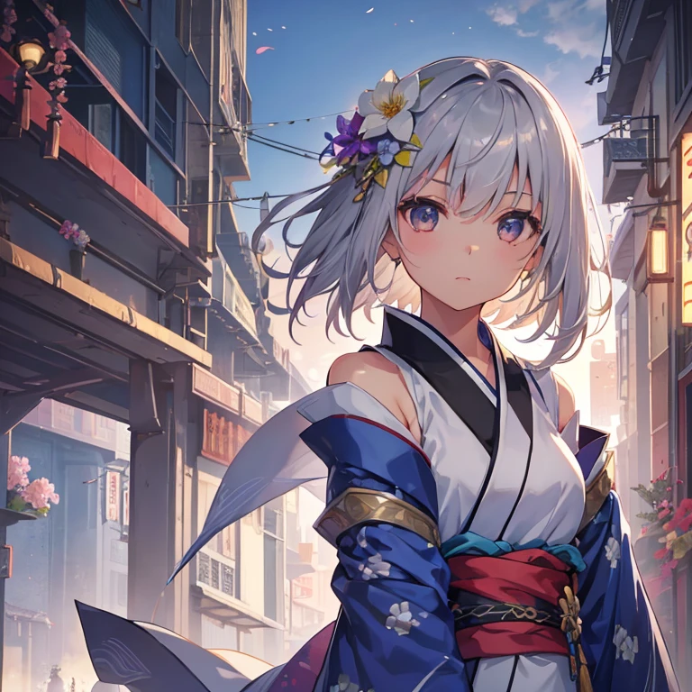1 girl、solo、bust、Gaze averting、gray hair、hair ornaments、kimono、background of a futuristic city、Hold in hand、short hair、Brown eyes、From the side、Upper body、(arms、sword、armsを持つ)、blade、gem、flower、髪にflower、
