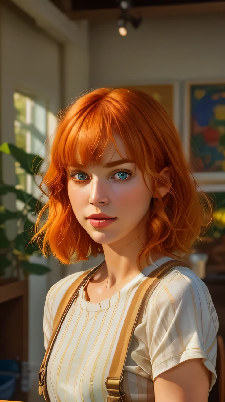 (best quality, masterpiece, beautiful and aesthetic:1.2, colorful, dynamic angle), ((Full shot)), (highly detailed illustration), science fiction, 8k, colorful, 35mm, bokeh, 9:16, (intricate details, hyperdetailed), sunlight passing through hair (high contrast, official art), Leeloo 5th Element, Milla Jovovich, 1girl, l3e1o057h-smf, solo, realistic, shirt, looking at viewer, lips, parted lips, short hair, upper body, striped shirt, white shirt, suspenders, short sleeves, nose, orange hair, indoors, blunt bangs, green eyes, blurry background, portrait