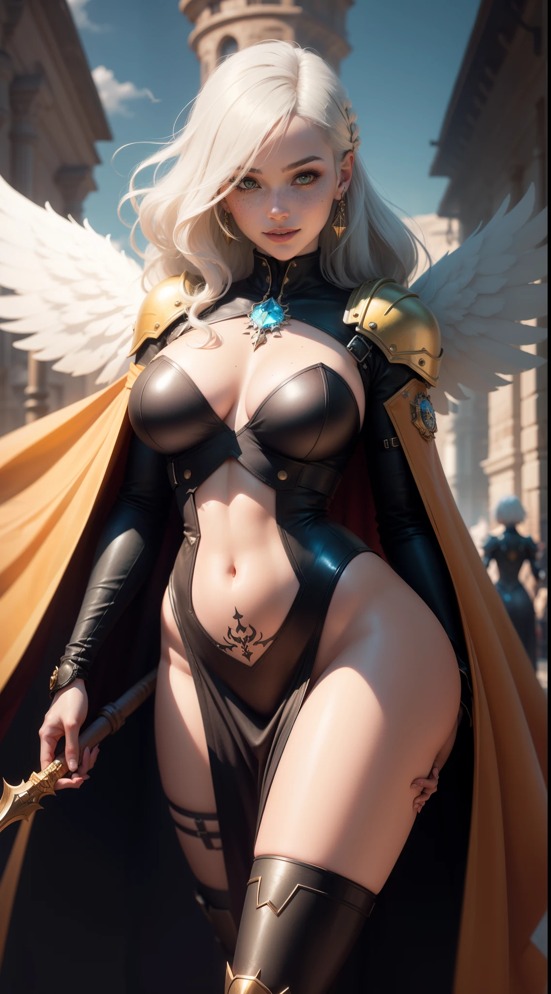 gwen tennyson,yorha 2b,tracer,jill valentine, overwatch,atelier ryza,close up,holy kingdom battle,tattoos,orange and white plugsuit,white short sleeve angel top,golden short sleeve knight robe,long steampunk skirt,angel halo,uncovered belly,long curly hair,punk makeup,green eyes,multicolored silver hair,long dress train,sexy smile,freckles,beautiful girl,thigh high boots,large breasts,8k,ultra detailed, realistic,fantasy art,holy armor,long holy dress,hair pin,ear piercings,crystal head and neck jewelry,(weather:windy),1girl,long orange angel cape,holding a crystal dagger,large black angel wings,