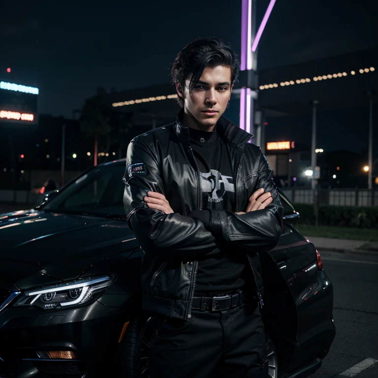 Cyber punk handsome boy 8k photo and cat and nights pose real face and and black jacket and car