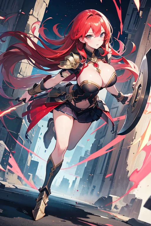 Masterpiece, Top Quality, Very Beautiful Girl, Beautiful Face and Eyes, Beautiful Hair, Solo, 1 Woman, Full Body Drawing, Dynamic Angle, (Armor: 1), Red Hair, Long Hair, Navel Out, Skirt, Battle Axe, Perfect Bust, Taut Breasts, Amazing Bust, Huge Breasts, Tall