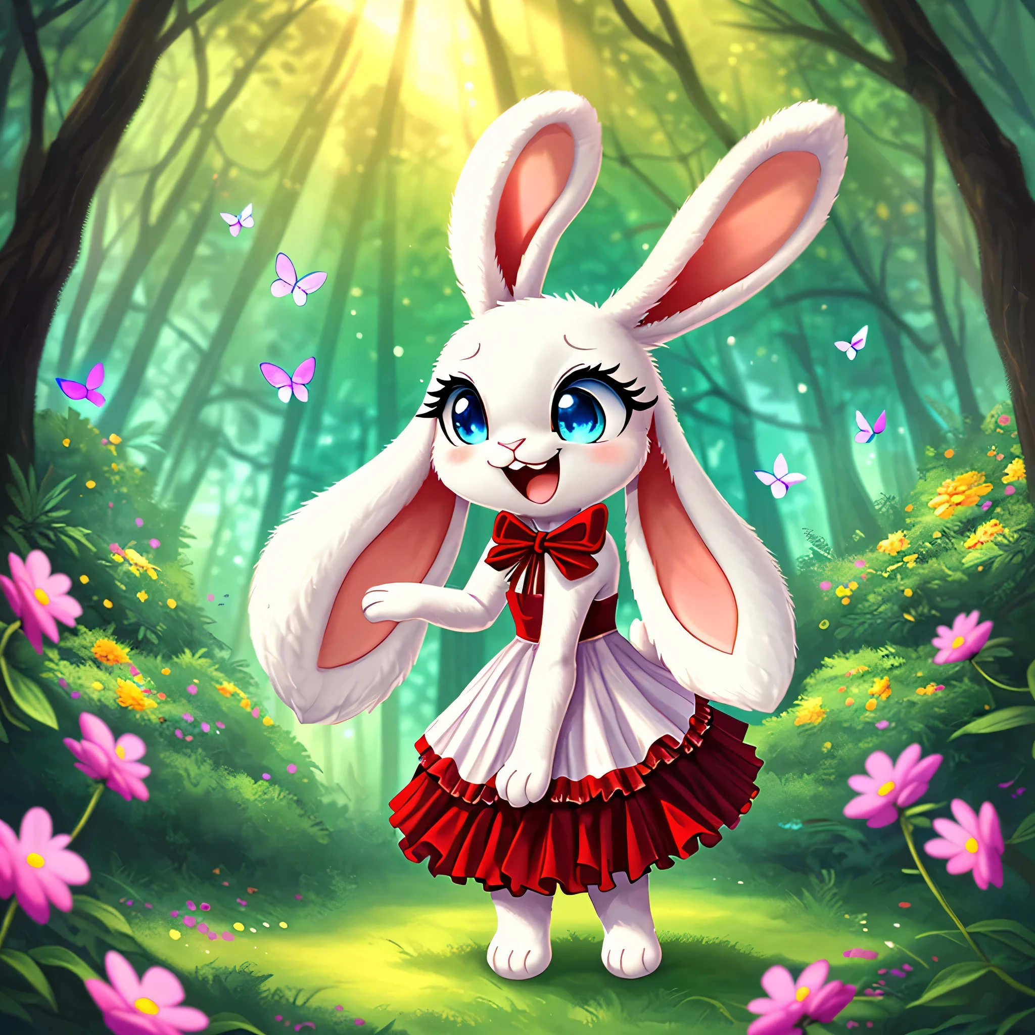 zoomed out image, ((solo character)), cute style art, fantasy style art, cute, adorable, short character, small, tiny little fluffy female white bunny with blue eyes, 4 ears, 2 extra ears, big floppy ears, long ears, ears perked up, raised ears, long eyelashes, poofy rabbit tail, wearing a red frilly ribbon dress, smiling, standing in a colorful fantasy forest, soft tones, big expressive smile, open mouth, wide eyes, excited eyes, excited face, stunning visuals, sunlight coming through the trees, flowers scattered in the bushes, butterflies in the air, digital illustration