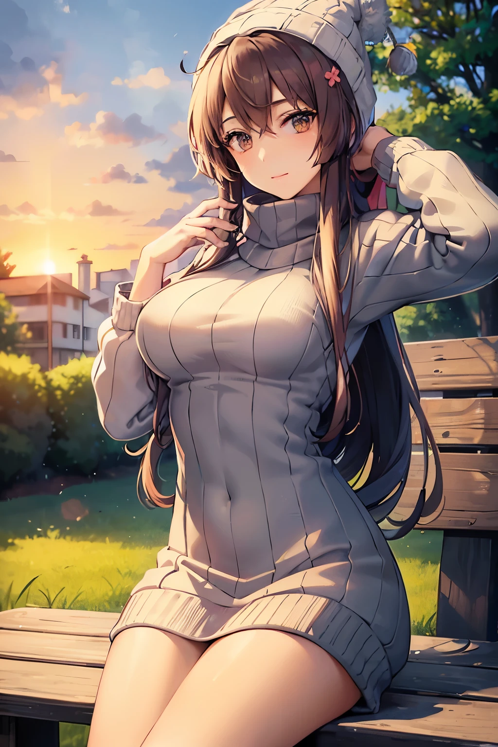 (masterpiece, best quality, ((Solo, 1girl)), Girl with Beanie and Sweater, Long legs, Huge Bosom, Sunset, Outdoor Scene
(masterpiece, best quality, (Solo, 1girl), Young Adult, Casually dressed, Beanie sitting low on forehead, Cozy sweater with texture and stitch details, Hourglass figure with generously proportioned breasts, Sunset backdrop with warm orange and pink tones, Outdoor setting with nature elements such as trees, grass, and a bench)