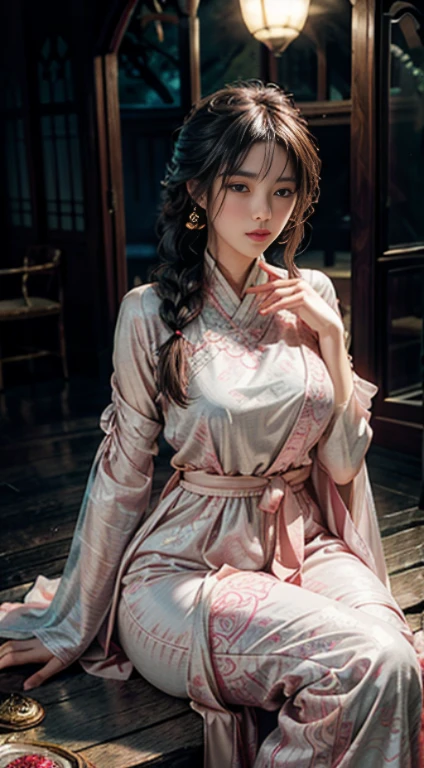 The art depicts a charming woman in a flowing, silky traditional oriental dress in pink, tight translucent trousers, decorated with intricate patterns and bright colors. Her dress drapes elegantly over her curvy figure, accentuating her seductive silhouette. She stood gracefully in the quiet courtyard, bathed in the soft glow of the moonlight. The scene exudes an ethereal and dreamy atmosphere, with a touch of mystery and sexiness. The graphic style blends watercolor and digital illustration techniques to evoke a refined beauty and charm. The lights are filled with soft moonlight, casting soft highlights and shadows on her charming features. Bare thighs, wearing tight translucent pants, large breasts, three-dimensional facial features, sitting, upturned legs, side braids