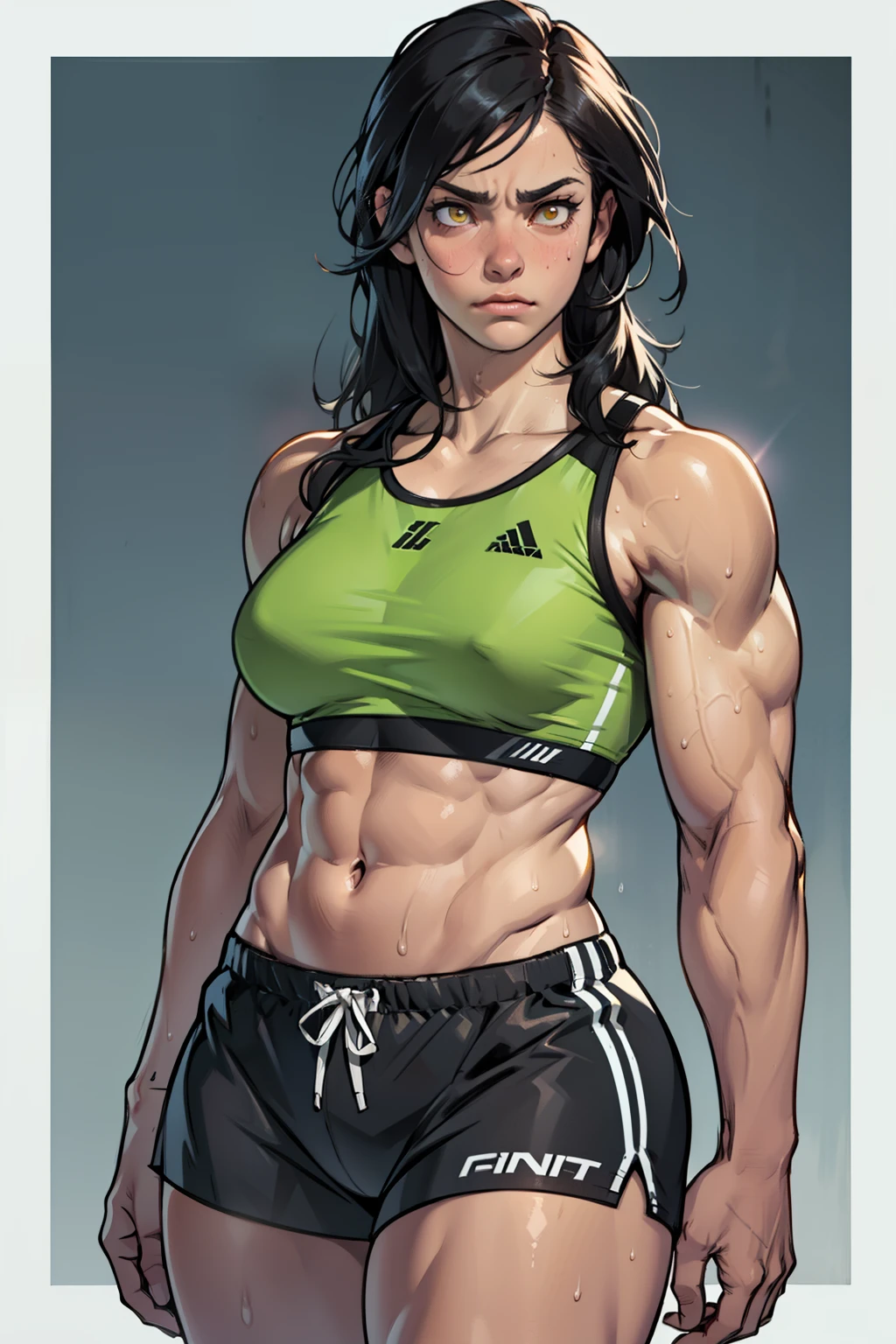 black hair, yellow eyes, solo, sweaty, shiny skin, pale skin, (((muscular, 1girl))), curvy, thin waist, very long hair, short shorts, navel, sports bra, sad expressionless cinematic lighting thick thick