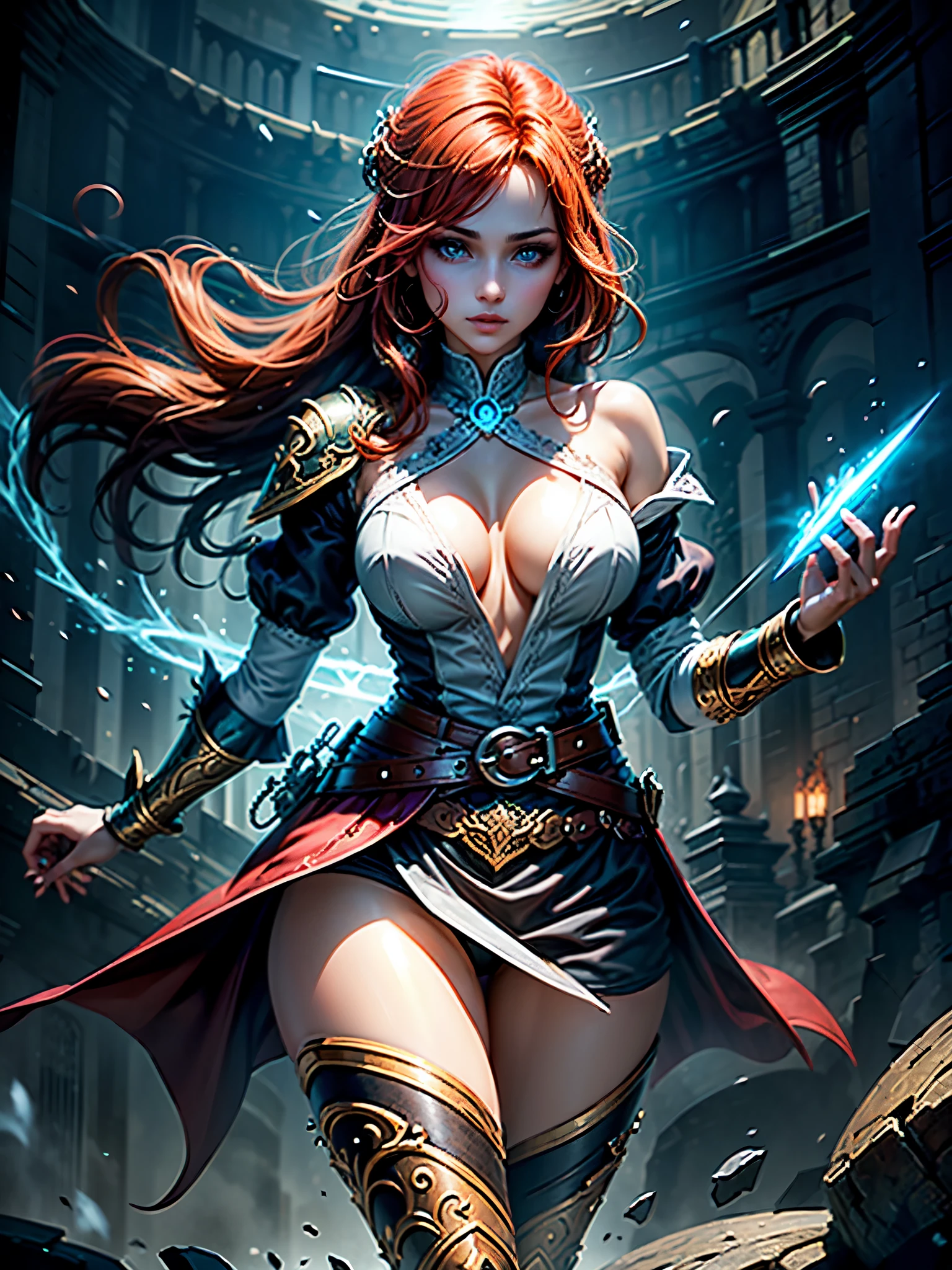 (masterpiece:1.4), extreamly detailed, perfect quality, portrait, a close up of a bard woman, (redhead, shoulder length hair with a white strand of hair, silk pants with a wide linean belt, northen europe character, big tits, thick thighs, perfect abs, bard clothes, colorful clothes, dark fantasy character, blue eyes, upbeat and energetic, as well as sarcastic and good humored, floating in the dark labirinth), Artstation contest winner, fantasy art,concept art, lightning fantasy magic, epic exquisite character art, dark fantasy, female magician