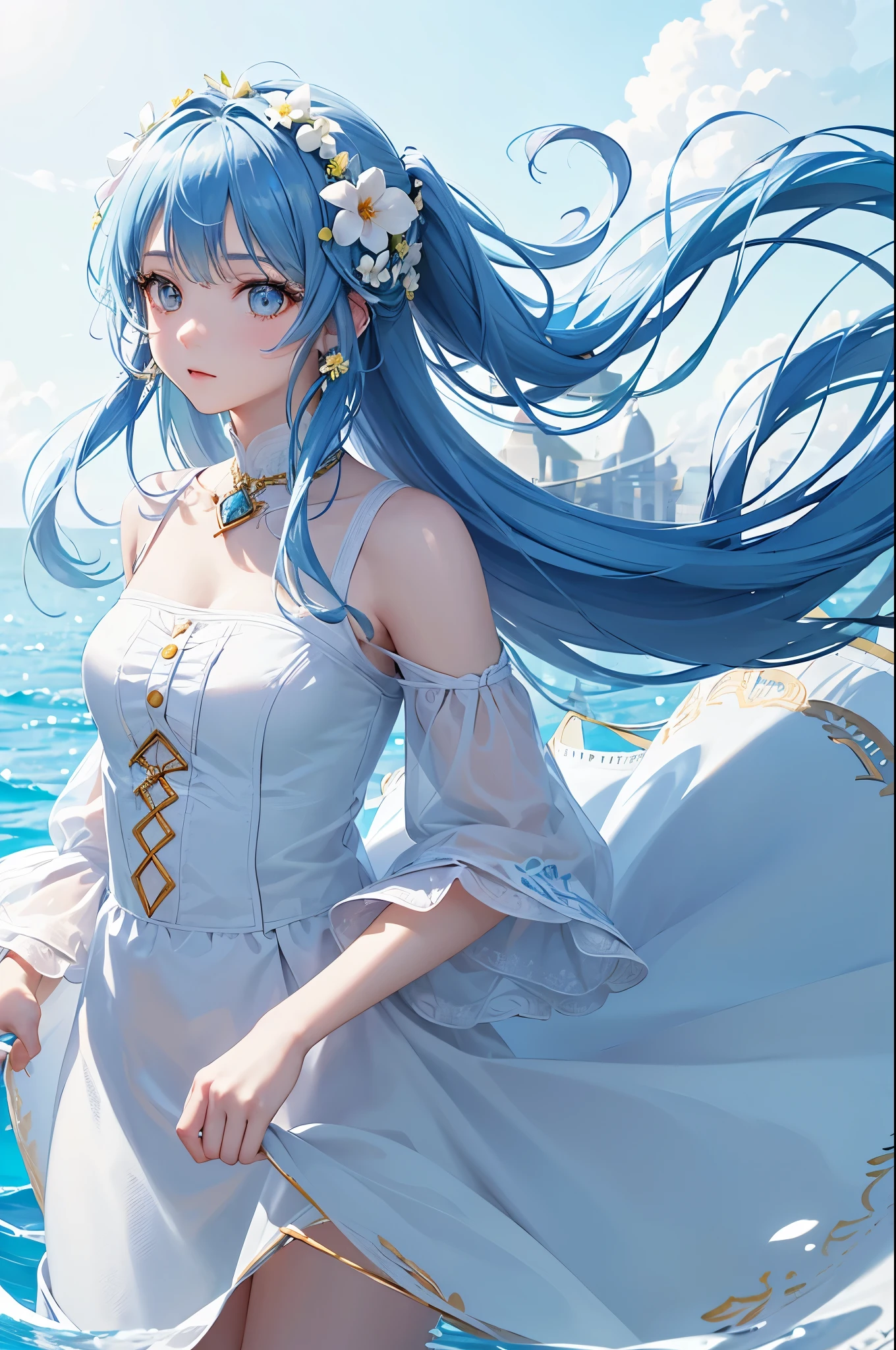 (masterpiece), (best quality), (ultra detailed),(disheveled hair),(illustration), (1girl), full body, (Fashionable clothing), standing, Fashion model, looking at viewer, (interview), (simple background),beautiful detailed eyes, delicate beautiful face, Floating,(high saturation),(colorful splashes),colorful bubble,(shining), focus on face, ponytail, kamisato ayaka, light blue hair, bangs, hair ring, floating flowers, floating hairs, (shining), best lighting, best shadow,