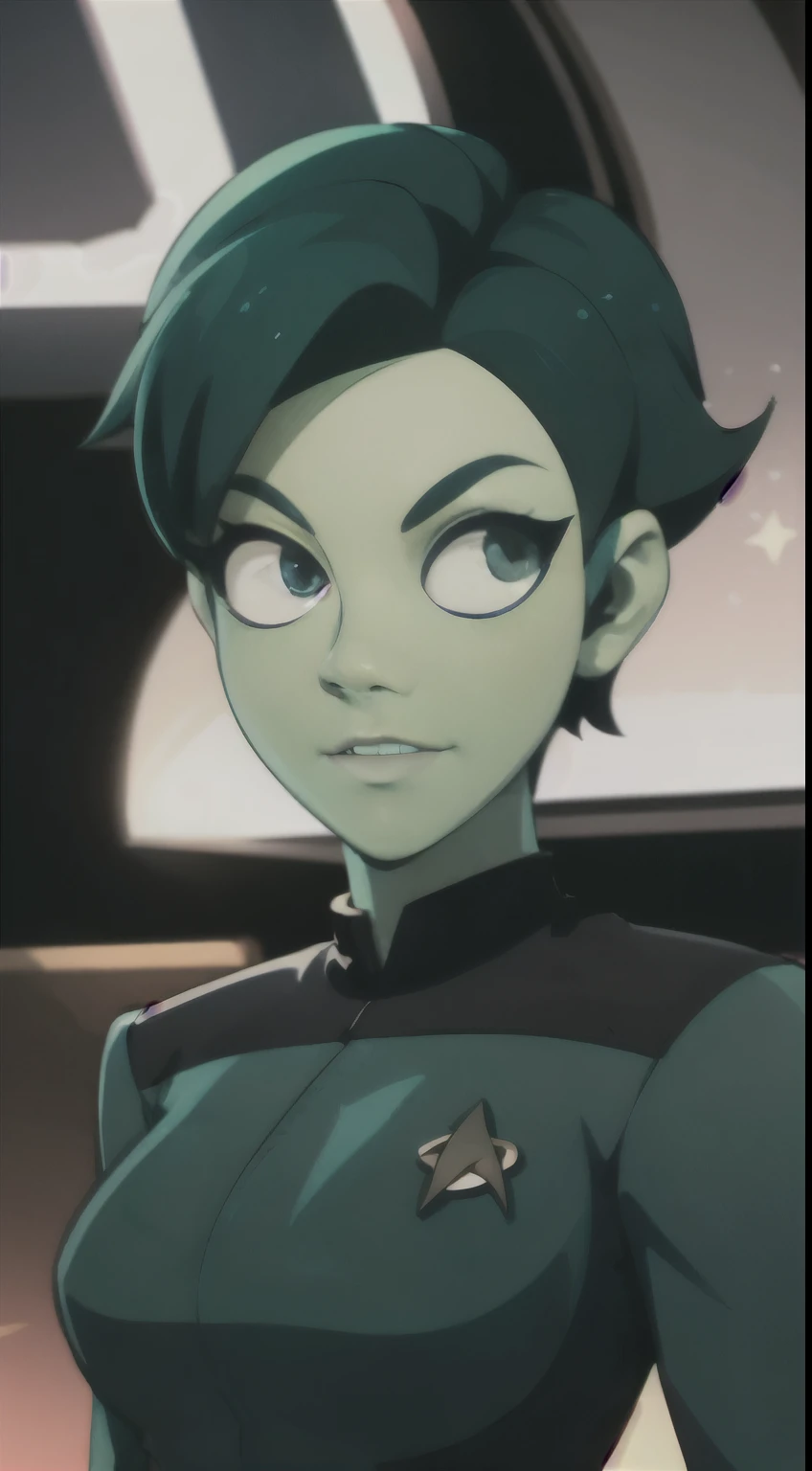 photo of an Orion from star trek, RAW, beautiful woman, ((portrait)), ((detailed face, anime eyes, anime mouth, anime nose:1.2)), (short shaved dark forest green hair:1.3), ((detailed facial features, detailed vibrant green skin, emerald green skin skin:1.5), (perfect proportioned body), (wearing a Star trek Comand uniform, Starfleet, TNG:1.45) (high detailed future city environment, Starry vista), (realistic photo, best quality, detailed), (8k wallpaper), (cinematic lighting, dramatic lighting) (sharp focus, intricate)