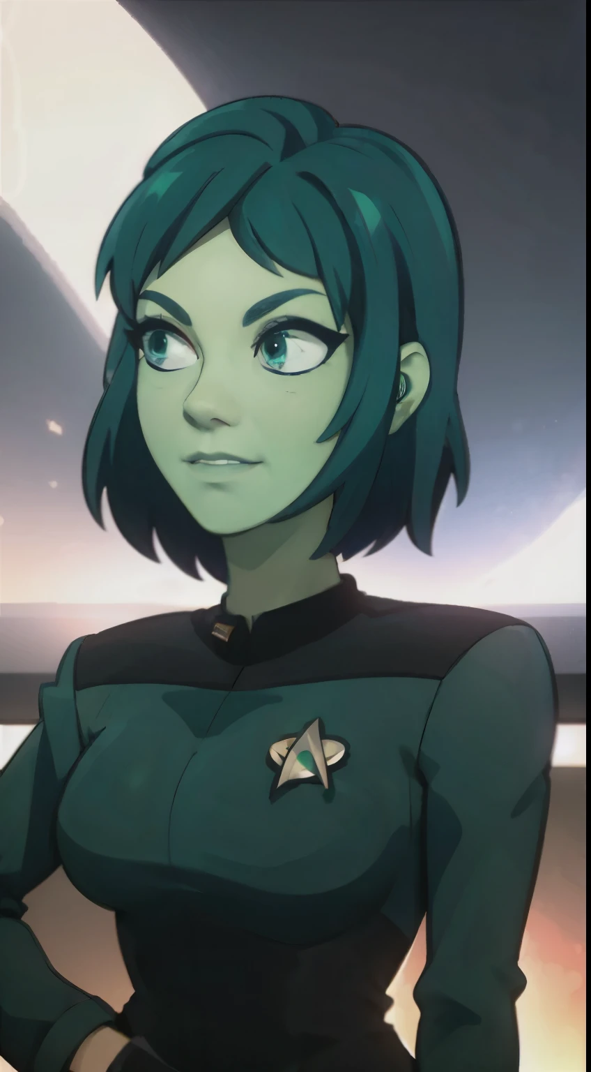 photo of an Orion from star trek, RAW, beautiful woman, ((portrait)), ((detailed face, anime eyes, anime mouth, anime nose:1.2)), (short shaved dark forest green hair:1.3), ((detailed facial features, detailed vibrant green skin, emerald green skin skin:1.5), (perfect proportioned body), (wearing a Star trek Comand uniform, Starfleet, TNG:1.45) (high detailed future city environment, Starry vista), (realistic photo, best quality, detailed), (8k wallpaper), (cinematic lighting, dramatic lighting) (sharp focus, intricate)