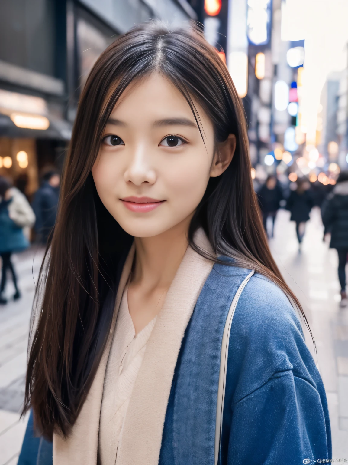 Photorealsitic, 8k full-length portraits, Beautuful Women, A charming expression, Clear department, 18year old, TOKYOcty, Winters, Shibuya in the background