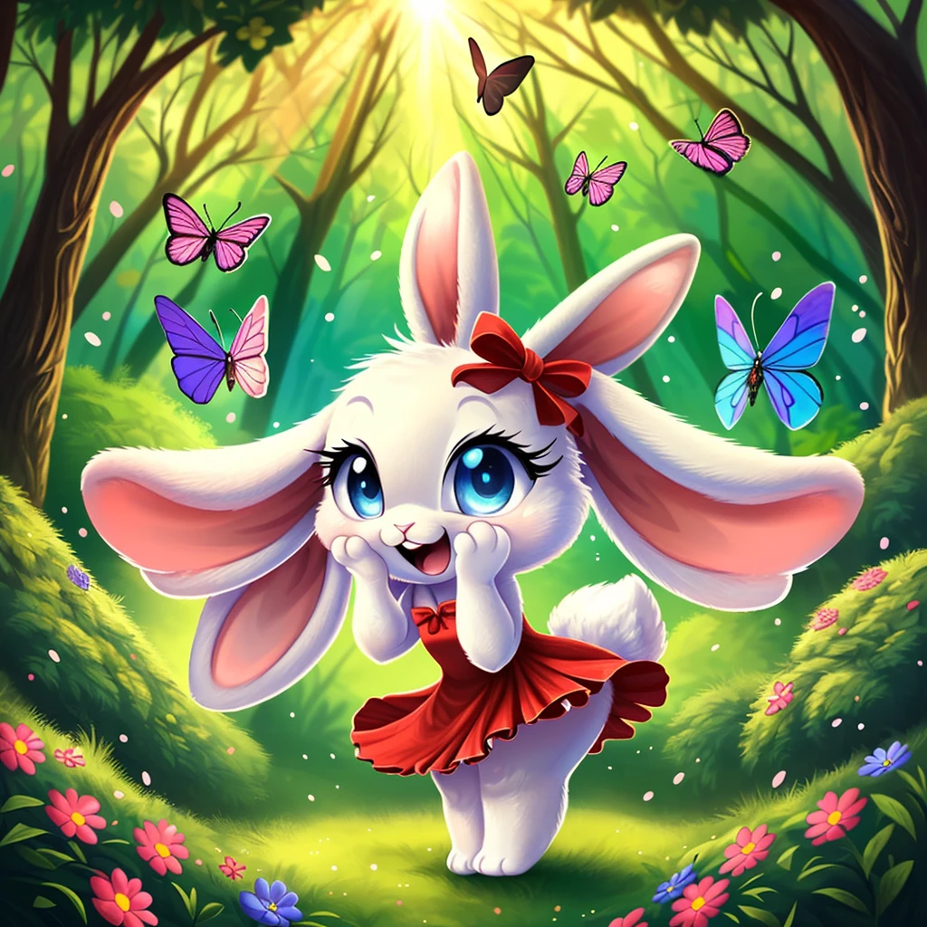zoomed out image, ((solo character)), cute style art, fantasy style art, cute, adorable, short character, small, tiny little fluffy female white bunny with blue eyes, 4 ears, 2 extra ears, big floppy ears, long ears, ears perked up, raised ears, long eyelashes, poofy rabbit tail, wearing a red frilly ribbon dress, smiling, standing in a colorful fantasy forest, soft tones, big expressive smile, open mouth, wide eyes, excited eyes, excited face, stunning visuals, sunlight coming through the trees, flowers scattered in the bushes, butterflies in the air, digital illustration