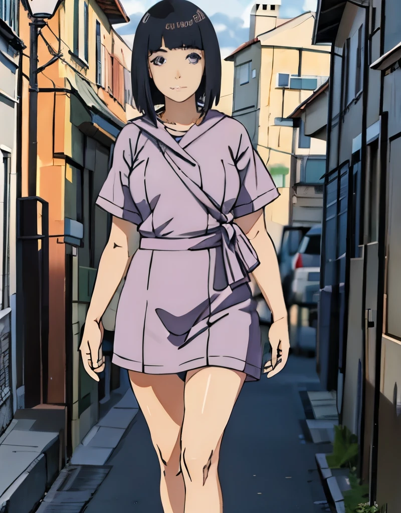 Madura hinata, caminando por la calle, imagen detallada 8k, pechos medianos, piernas delgadas, sonrrojada, usando ropa entallada, maquillaje