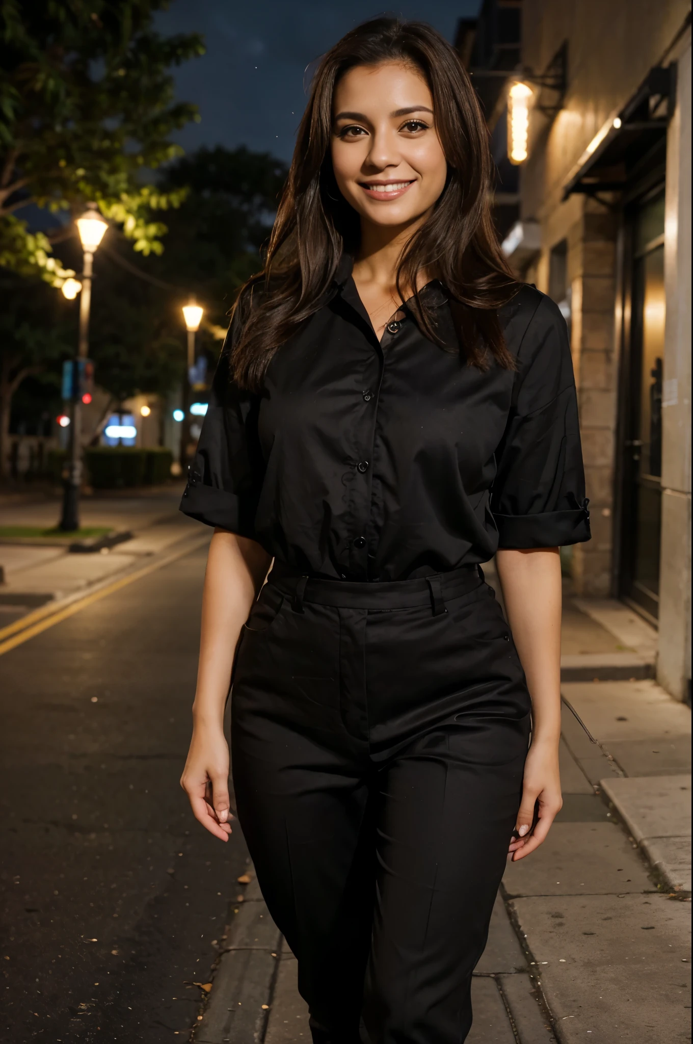 night shot of a Latino business woman, wearing black casual outfit, smiling and walking on street, medium hairs, brown eyes, brown hairs, realistic skin texture, realistic photography