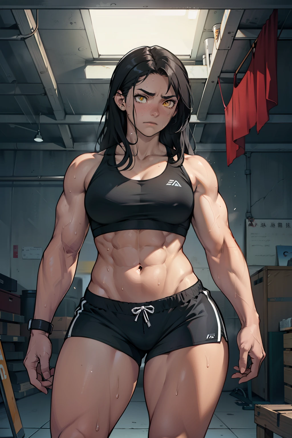 black hair, yellow eyes, solo, sweaty, shiny skin, pale skin, (((muscular, 1girl))), curvy, thin waist, very long hair, short shorts, navel, sports bra, sad expressionless cinematic lighting thick thick