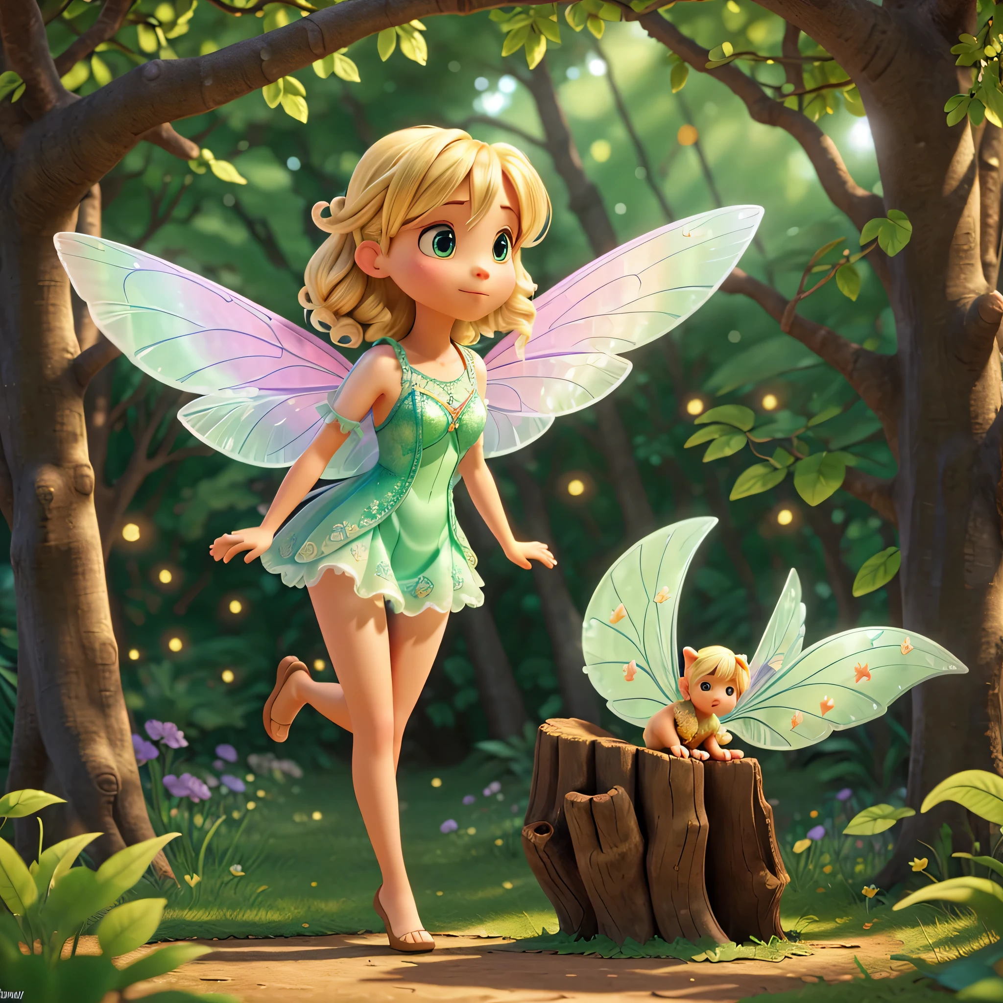 UHD illustration of a fairy with incredibly translucent, cute and beautiful wings sitting on a
beautiful flower on a tree trunk, disney-pixar style, blonde hair, green leaf clothes,
In a bright magical forest., ultra HD, realistic, vivid colors, highly detailed UHD drawing, pen and ink, perfect composition,
beautiful intricately detailed and intricate octane rendering trends in artstation, 8k artistic photography,
digital art, natural and soft volumetric cinematic perfect light