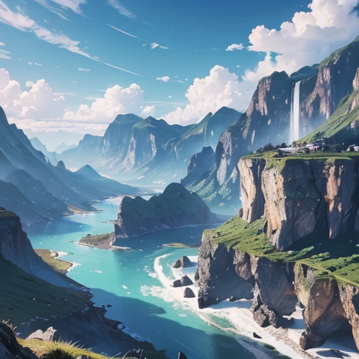 ({{highres,}},masterpiece,ultra-detailed,best quality,8k)cloud, sky, scenery, day, blue_sky, mountain, cloudy_sky, outdoors, waterfall, fantasy, horizon, cliff, rock, water, landscape, mountainous_horizon, ocean, tree, river, floating_island