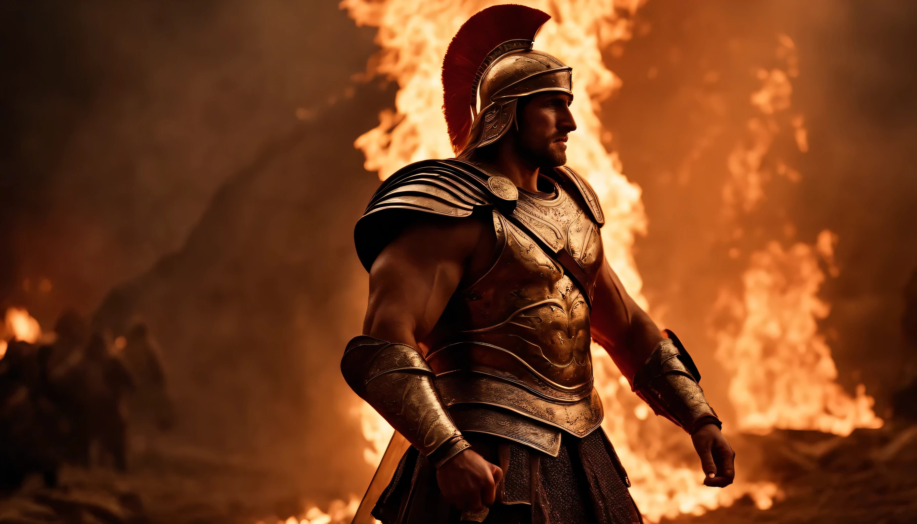 fantasy art, hyperrealistic, the vengeful hero Achilles, burning Troy