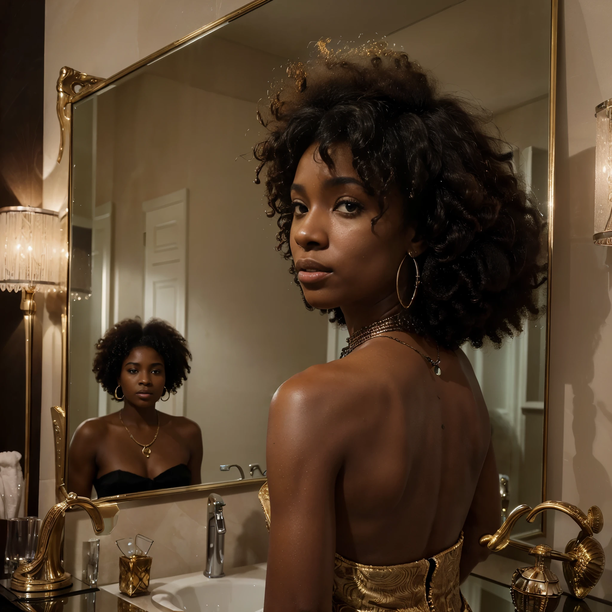 ((ultra realistic)) ((wide shot photo)) of a ((beautiful black woman with afro hair)) (((looking at herself))) ((in the mirror wearing jewelry)) in a ((luxurious setting)). Remitting the ((double image of her and the reflection of the mirror)) wanting to show where she has arrived.