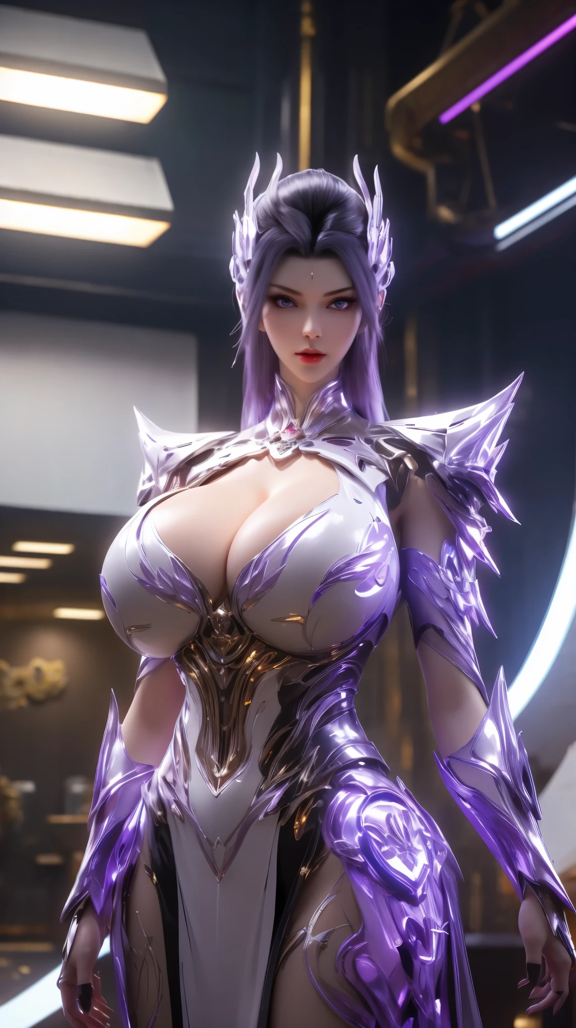 A beauty girl with white hair, 1GIRL, (MECHA PHOENIX GOLD HELM:1),((HUGE FAKE BREASTS,CLEAVAGE:1.5)), (MUSCLE ABS:1.3), ((MECHA GUARD ARMS,LED BODY:1.1)), (PURPLE SHINY FUTURISTIC MECHA BRA,BLACK SKINTIGHT MECHA SUIT:1.5), (PERFECT THICK BODY, GLOWING BODY SKIN:1.1), (LOOKING AT VIEWER:1.3), (HALLWAY OF FUTURISTIC SPACE STATION:1), (BRIGHT LIGHT WHITE_ROOM:1.3), HYPER TEXTURE, UNREAL ENGINE RENDER, PHYSICALLY-BASED RENDERING, ULTRA HIGHT DEFINITION, 16K, 1080P.
