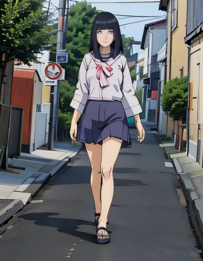 Madura hinata, caminando por la calle, imagen detallada 8k, pechos medianos, piernas delgadas, sonrrojada, usando ropa entallada, maquillaje