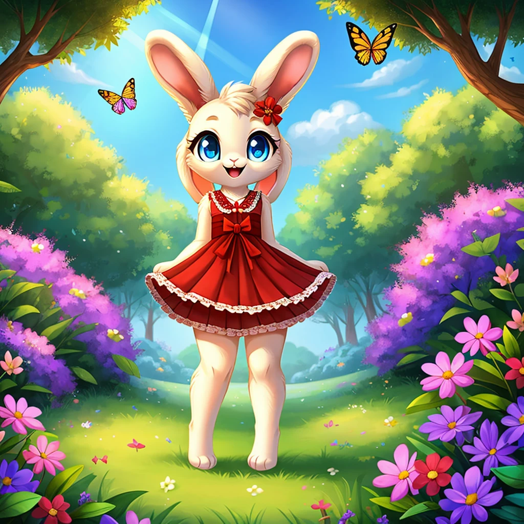 zoomed out image, ((solo character)), cute style art, fantasy style art, cute, adorable, short character, small, tiny little fluffy female white bunny with blue eyes, 4 droopy ears, 2 extra ears, big floppy ears, long ears, long eyelashes, poofy rabbit tail, wearing a red frilly ribbon dress, smiling, standing in a colorful fantasy forest, soft tones, big expressive smile, open mouth, wide eyes, excited eyes, excited face, looking around in wonder, stunning visuals, sunlight coming through the trees, flowers scattered in the bushes, butterflies in the air, digital illustration