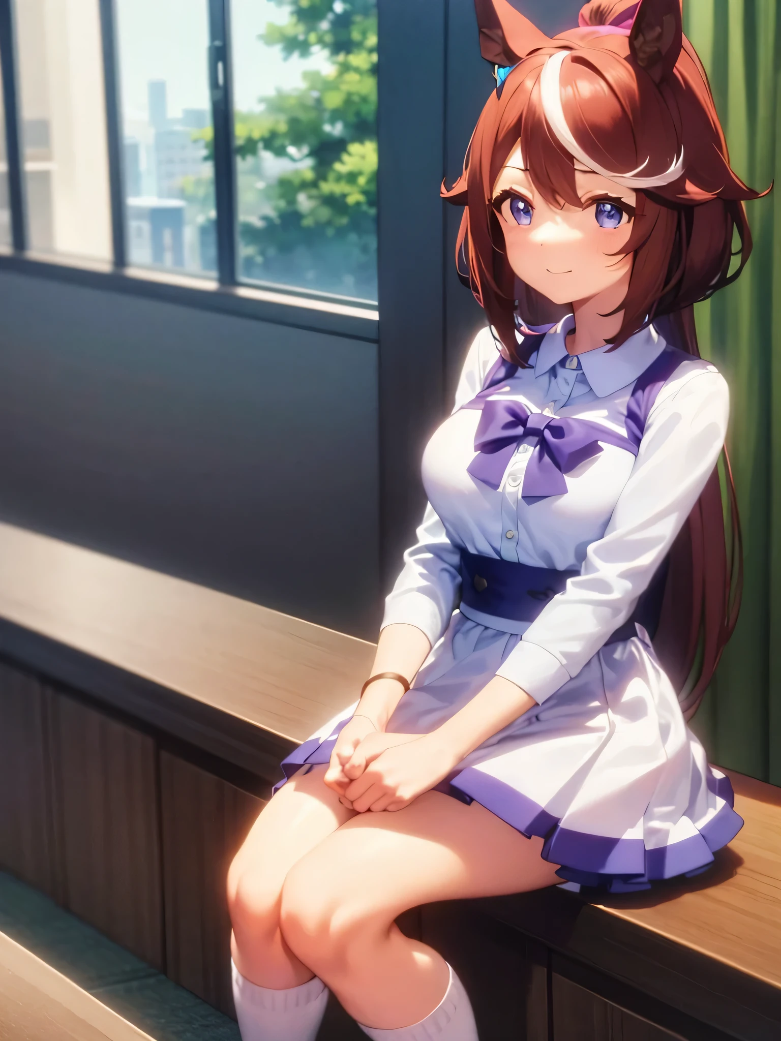 muste piece、Brown hair、Blue, White and purple idol costume、high socks、Beautiful Large Breasts、Live Stage、Singing、sitting on,tokai_teio_\(Uma Musume\) Tōkai Teiō,highest quality,table top, adventurous girl, Are you okay, smile、zettai ryouiki,perfect hands,turn your arms behind your back、,stretch、inside the room、;do not interrupt prompt。