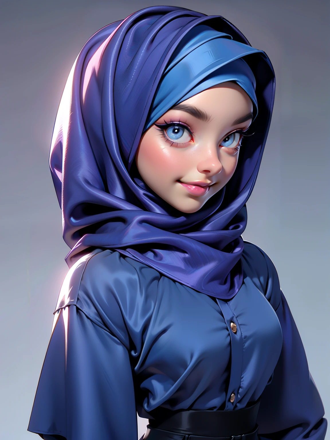 3dmm style, Masterpiece, realistic, best quality, best lighting, beautiful mature Czech woman, 1 girl photo solo, beautifully makeup, eyeshadow, Parted Lips, Detailed Eyes, beautiful big eyes, long eye lashes, dimples on the cheeks, smile, wearing ((Dark blue satin hijab)), loosely tide hijab style, ((gray satin shirt and satin long skirt)), ((front view)), (close up portrait), front view, standing straight, facing the viewer.