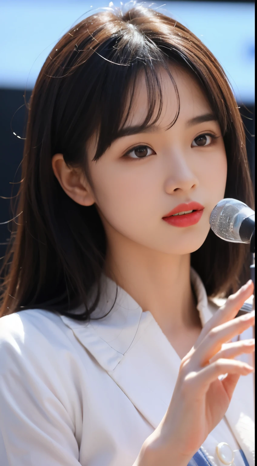(8k, Top quality, Masterpiece:1.2), (Realistic, photo-realistic:1.37), Super detailed, perfect anatomy, cute, small eyes, 18 years old, a Japanese, girl, singing, stand microphone, huge breast, blunt bangs, at alley,
