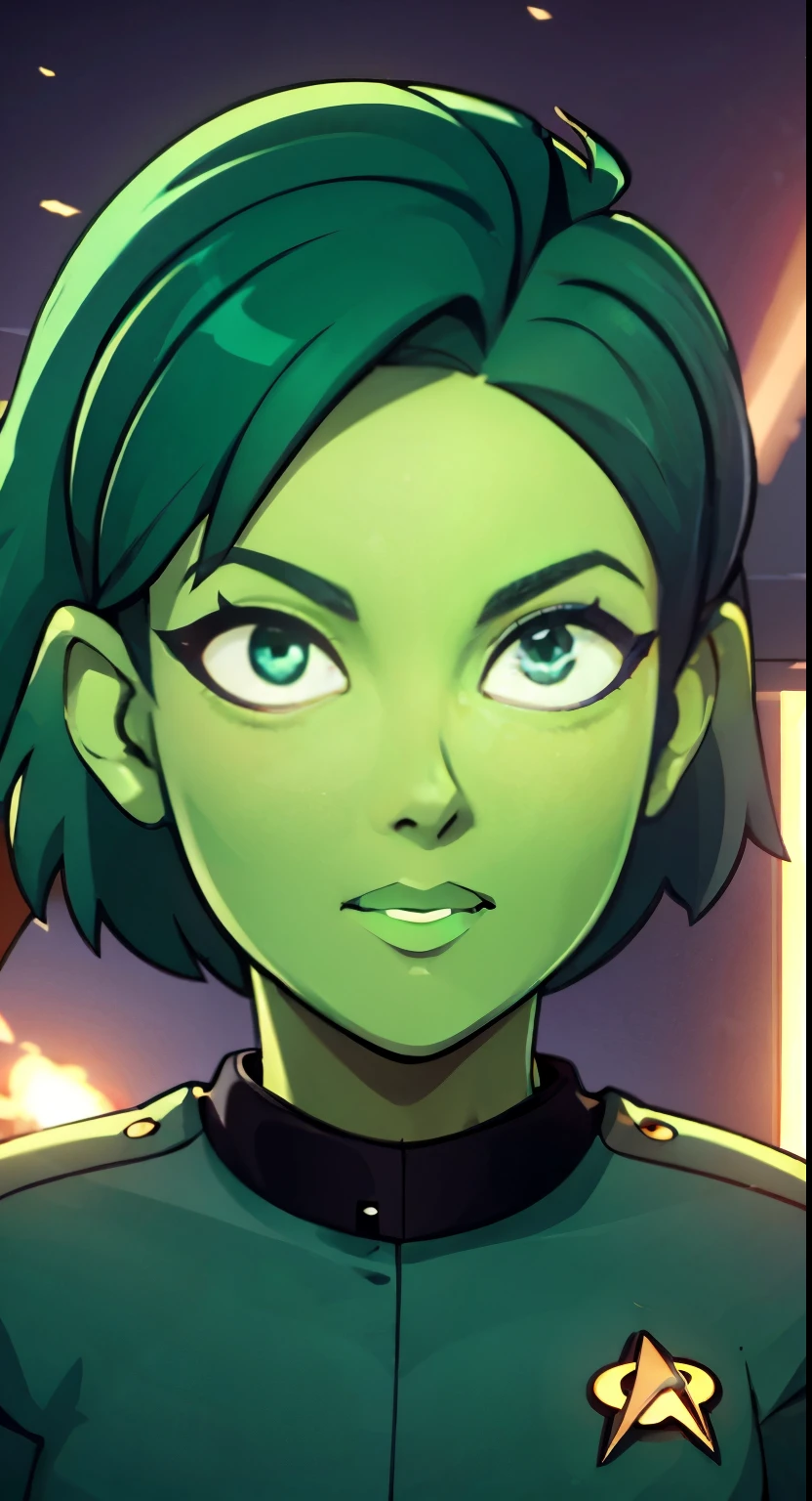 photo of an Orion from star trek, RAW, beautiful woman, ((portrait)), ((detailed face, anime eyes, anime mouth, anime nose:1.2)), (short shaved dark forest green hair:1.3), ((detailed facial features, detailed vibrant green skin, emerald green skin skin:1.5), (perfect proportioned body), (wearing a Star trek Comand uniform, Starfleet, TNG:1.45) (high detailed future city environment, Starry vista), (realistic photo, best quality, detailed), (8k wallpaper), (cinematic lighting, dramatic lighting) (sharp focus, intricate)
