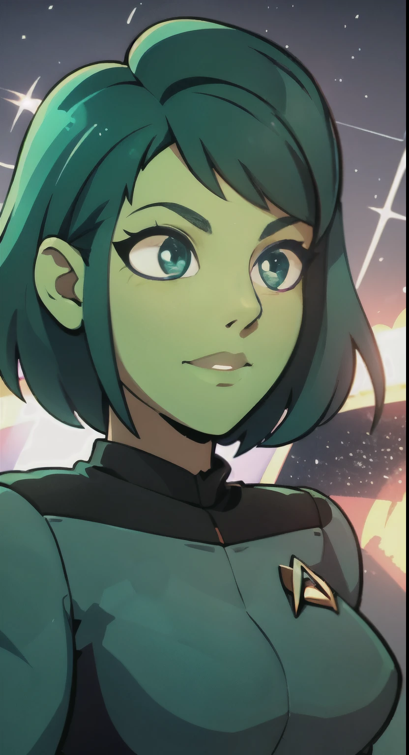 photo of an Orion from star trek, RAW, beautiful woman, ((portrait)), ((detailed face, anime eyes, anime mouth, anime nose:1.2)), (short shaved dark forest green hair:1.3), ((detailed facial features, detailed vibrant green skin, emerald green skin skin:1.5), (perfect proportioned body), (wearing a Star trek Comand uniform, Starfleet, TNG:1.45) (high detailed future city environment, Starry vista), (realistic photo, best quality, detailed), (8k wallpaper), (cinematic lighting, dramatic lighting) (sharp focus, intricate)