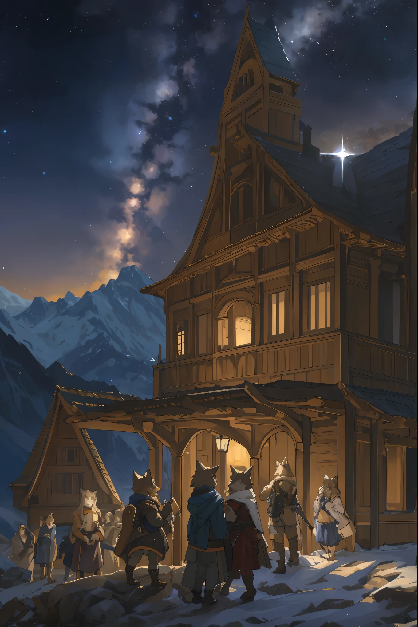 cover page, highres, top quality, best quality, paid reward available, unparalleled masterpiece, perfect artwork, absurdres, High-quality illustrations by John William Waterhouse, by Johannes Vermeer, super high resolution, detailed background, Characters undergoing physical and psychological transformations, confronting bizarre entities within the mountains, A scene featuring a vast expanse of starry sky in the distance, hinting at the unknown mysteries the mountains hold, 6+boys, 6+girls, absurdres(highly detailed beautiful face and eyes)perfect anatomy, expression, good lighting, cinematic shadow(kemono, furry anthro)assorted poses, dynamic angle,
