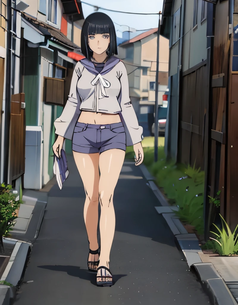 Madura hinata, caminando por la calle, imagen detallada 8k, pechos medianos, piernas delgadas, sonrrojada, usando ropa ajustada y sexy, maquillaje