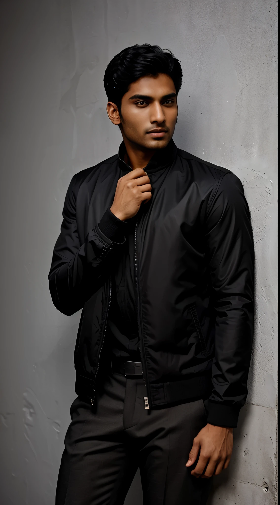 hot indian male model. age 28.posing with wall. waring black jacket