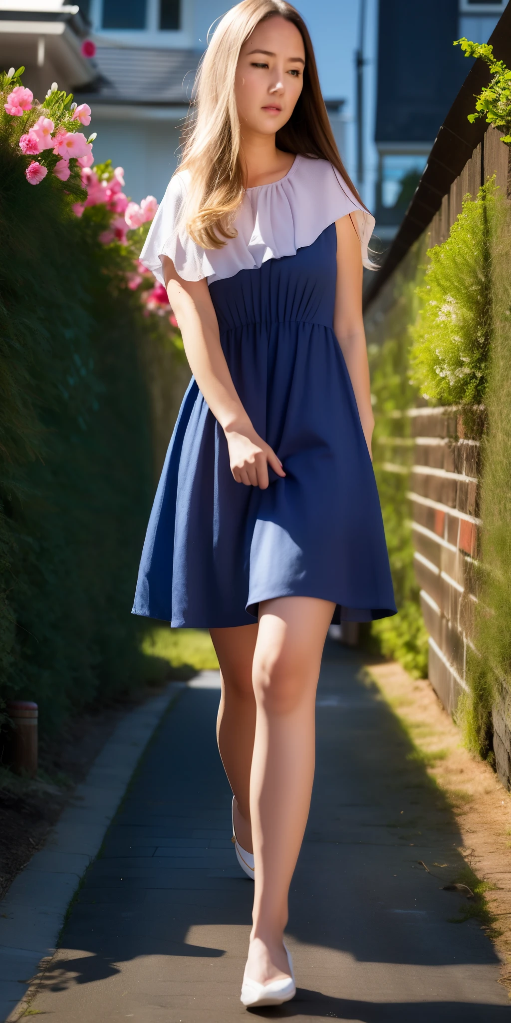 realistic, 1girl, 1 girl with long hair and dress, 1 girl is going to the toilet, look away, standing, embarrassed, blush, shut up, street, parted lips, blush, night, flowers, sun, sunlight,